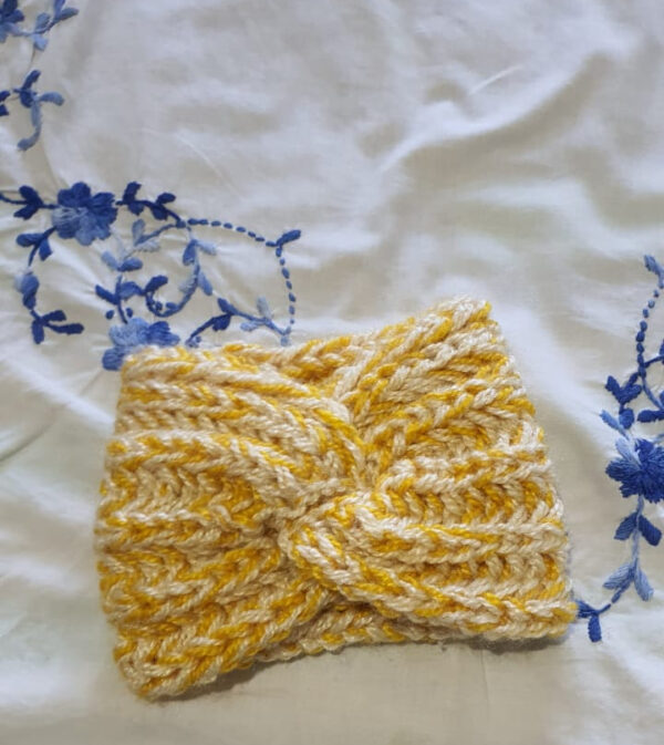 Hand-Knitted Woolen Yellow & Cream Striped Headband & Neckband Set - One Size