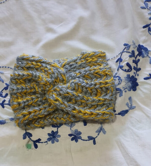 Hand-Knitted Wool Headband & Neckband Set – Yellow & Grey Stripes | Cozy, One Size Fits All