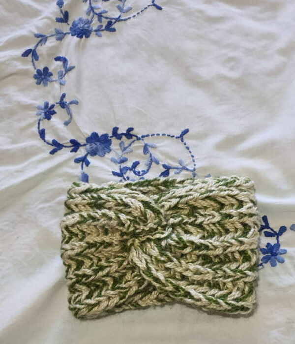 Hand-Knitted Woolen Green & Cream Striped Headband and Neckband Set - Cozy, One Size Fits All