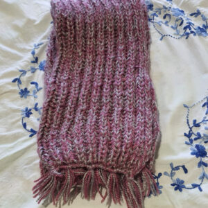 Hand-Knitted Pink & Grey Striped Woolen Muffler – 185x17 cm