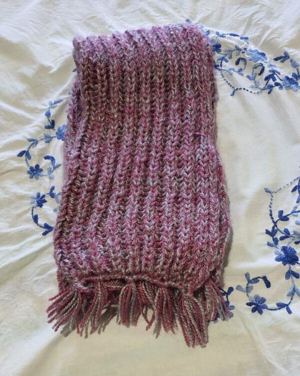 Hand-Knitted Pink & Grey Striped Woolen Muffler – 185x17 cm
