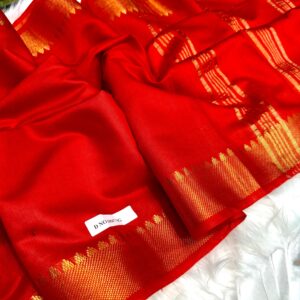 Handcrafted Bapta Tussar Mangalgiri Saree in Vibrant Red with Gold Detailing & Blouse Piece