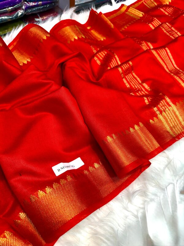 Handcrafted Bapta Tasar Mangalgiri Saree in Vibrant Red with Gold Detailing & Blouse Piece