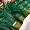 Elegant Handcrafted Dark Green Bapta Tussar Mangalgiri Silk Saree with Gold Zari Border & Matching Blouse Piece