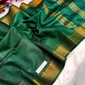 Elegant Handcrafted Dark Green Bapta Tussar Mangalgiri Silk Saree with Gold Zari Border & Matching Blouse Piece