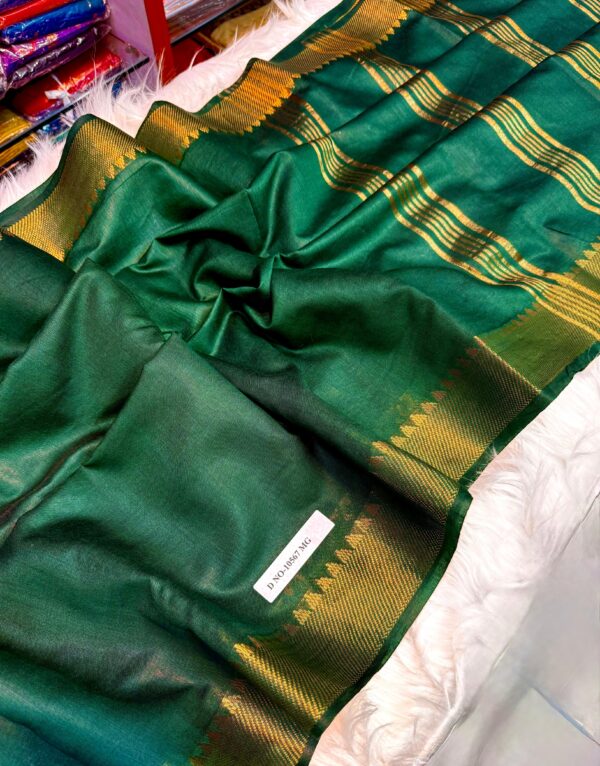 Elegant Handcrafted Dark Green Bapta Tasar Mangalgiri Silk Saree with Gold Zari Border & Matching Blouse Piece