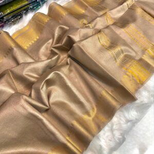 Handwoven Light Brown Bapta Tussar Mangalgiri Silk Saree with Gold Zari Border & Blouse Piece – Free Size
