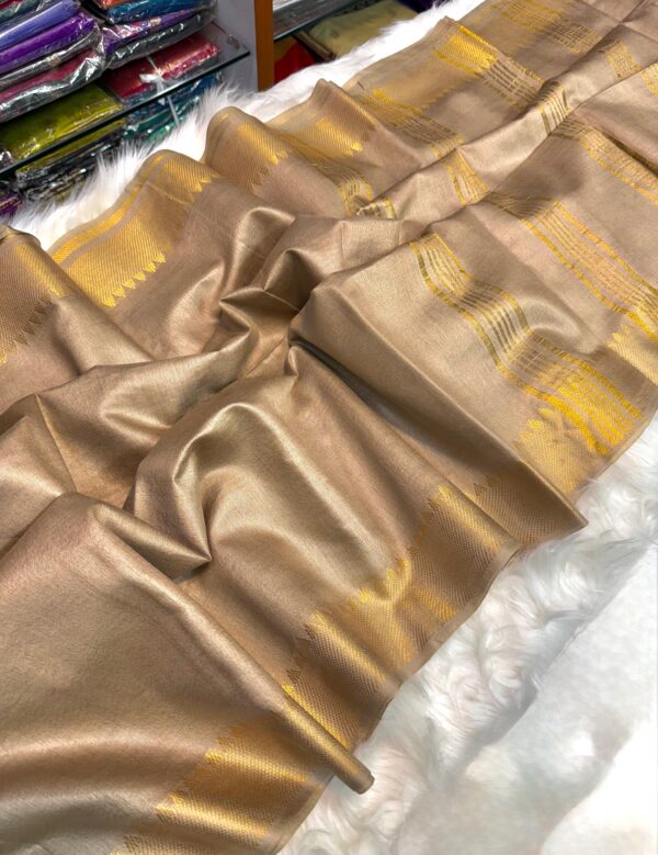 Handwoven Light Brown Bapta Tasar Mangalgiri Silk Saree with Gold Zari Border & Blouse Piece – Free Size