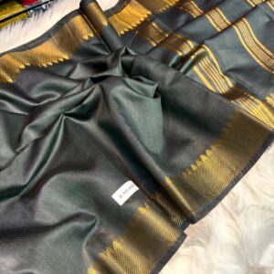 Graceful Handcrafted Charcoal Gray Mangalgiri Saree in Bapta Tussar Silk with Gold Zari Border
