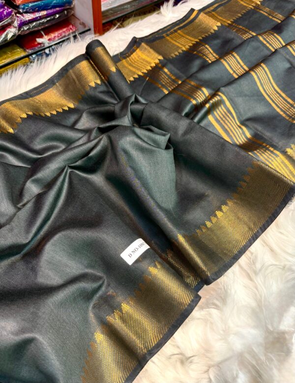 Graceful Handcrafted Charcoal Gray Mangalgiri Saree in Bapta Tasar Silk with Gold Zari Border