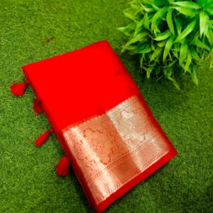 Handcrafted Red Maslin Organza Saree with Golden Zari Border & Matching Blouse Piece – Timeless Free Size Drape