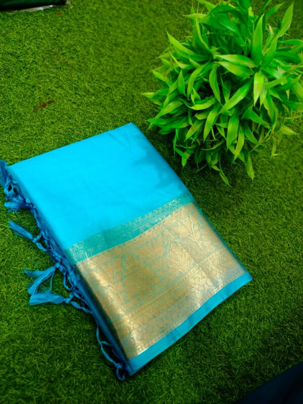 Radiant Turquoise Blue Handcrafted Maslin Organza Saree with Lustrous Gold Zari Border and Blouse Piece