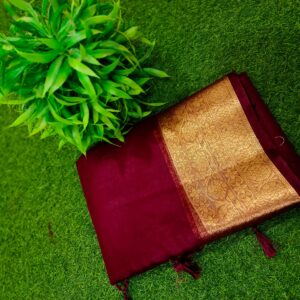 Elegant Handcrafted Maroon Maslin Organza Saree with Golden Border & Matching Blouse Piece