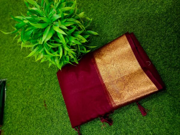 Elegant Handcrafted Maroon Maslin Organza Saree with Golden Border & Matching Blouse Piece