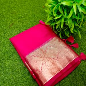 Handcrafted Fuchsia Pink Maslin Organza Saree with Golden Accents & Blouse Piece