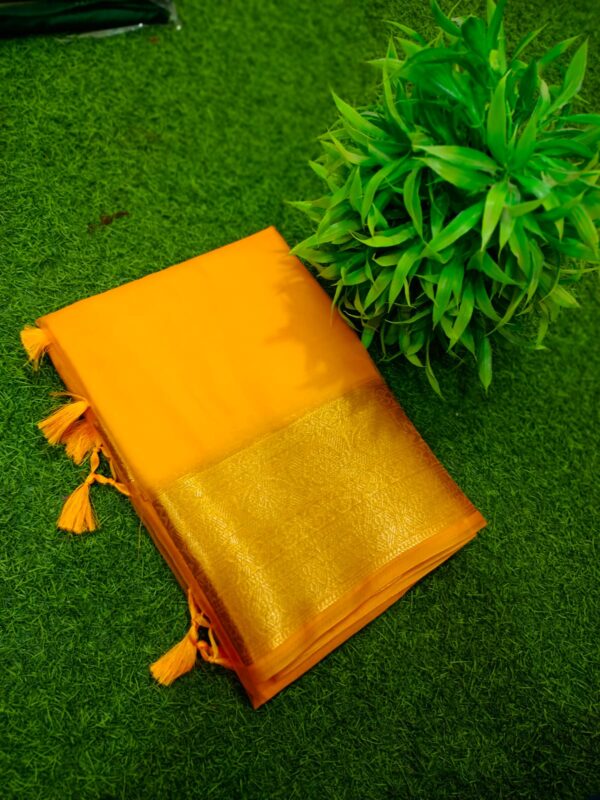 Handcrafted Vibrant Yellow Organza Saree with Golden Zari Edging & Matching Blouse Piece