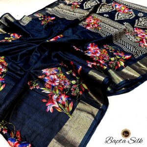 Navy Bloom – Handcrafted Soft Bapta Silk Saree with Blouse Piece & Digital Florals design