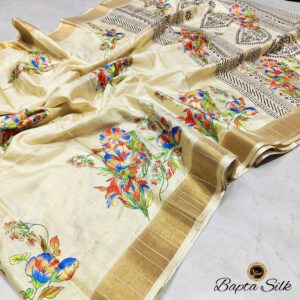 Handcrafted Soft Pure Bapta Silk Saree in Light Beige with Digital Floral Prints & Blouse Piece