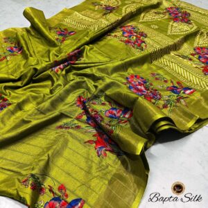 Soft Olive Green Floral Bapta Silk Saree with Blouse – Handcrafted & Lightweight