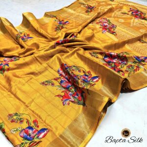 Handcrafted Mustard Bapta Silk Saree with Digital Floral Design & Matching Blouse Piece – Free Size