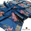 Handcrafted Deep Teal Blue Bapta Silk Saree with Digital Floral Design & Matching Blouse Piece – Free Size
