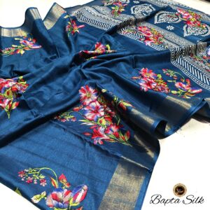 Handcrafted Deep Teal Blue Bapta Silk Saree with Digital Floral Design & Matching Blouse Piece – Free Size