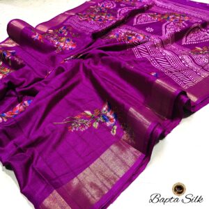 Handcrafted Warm Purple Bapta Silk Saree with Digital Floral Print & Matching Blouse Piece – Free Size Fit