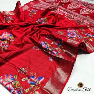 Ruby Red Handcrafted Bapta Silk Saree with Digital Floral Design & Matching Blouse Piece – Free Size
