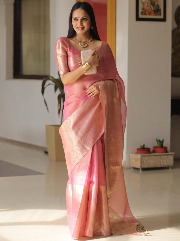 Pink Elegance – Handcrafted Banarasi Kota Tissue Saree with Gold Zari & Blouse Piece