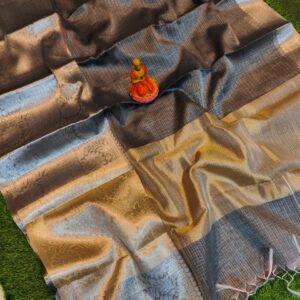 Elegant Handcrafted Banarasi Kota Tissue Saree in Grey, Black & Gold with Blouse Piece