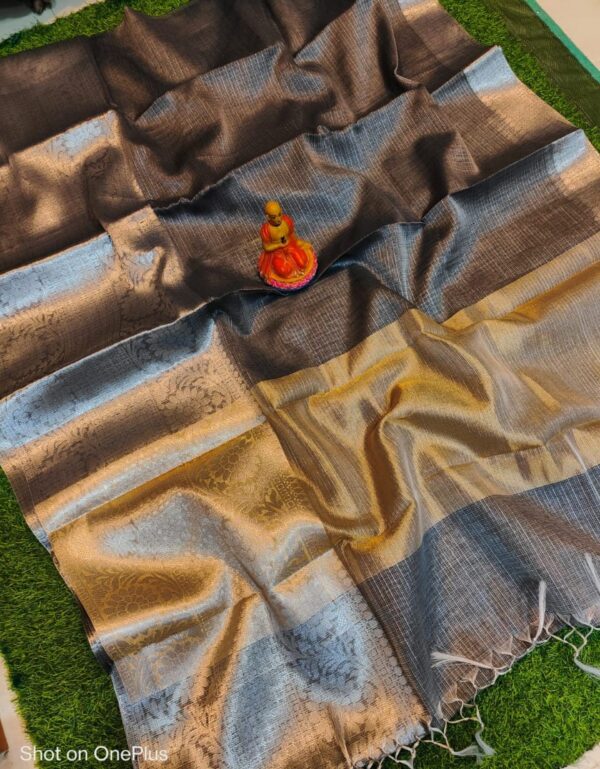 Elegant Handcrafted Banarasi Kota Tissue Saree in Grey, Black & Gold with Blouse Piece