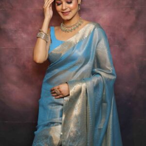 Elegant Handwoven Light Blue Kota Tissue Banarasi Saree with Premium Zari Work & Blouse Piece
