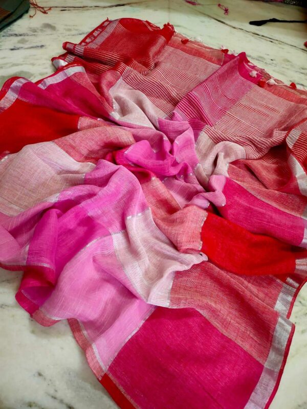 Rose Raga – Handcrafted Pure Linen Check Saree in Shades of Pink & Red with Blouse Piece