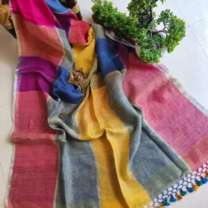 Meadow Bloom – Handcrafted Pure Linen Check Saree in Joyful Hues with Blouse Piece