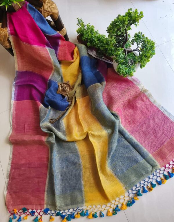 Meadow Bloom – Handcrafted Pure Linen Check Saree in Joyful Hues with Blouse Piece
