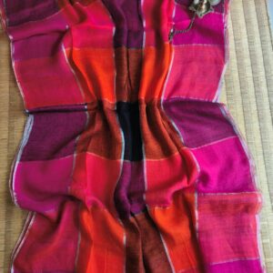 Bold Multicolor Pure Linen Handcrafted Check Saree with Blouse