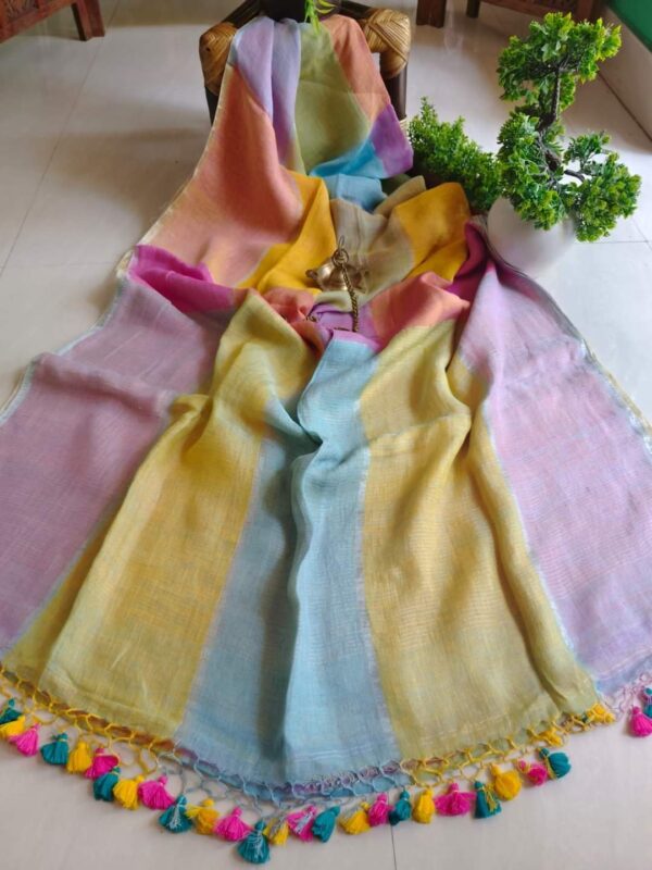 Handcrafted Pure Linen Check Saree in Soft Pastel Shades with Blouse Piece