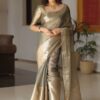 Golden Dusk – Handcrafted Banarasi Kota Tissue Saree in Light Taupe with Gold Zari