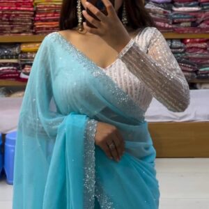 Dreamy Light Firozi Pure Chiffon Saree | Handcrafted Elegance with Blouse Piece