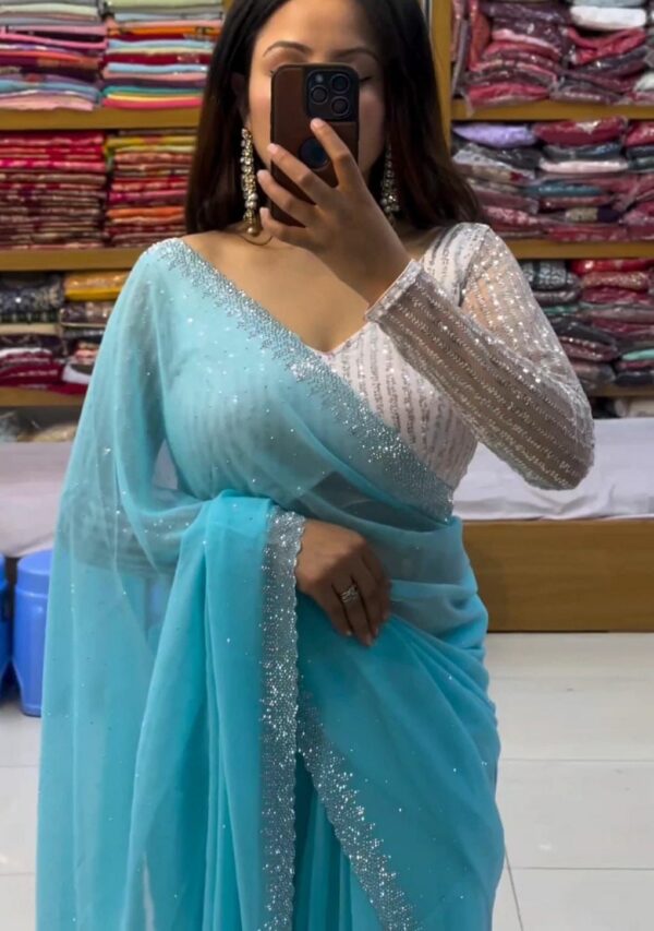 Dreamy Light Firozi Pure Chiffon Saree | Handcrafted Elegance with Blouse Piece