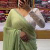 Ethereal Pale Olive Green Pure Chiffon Saree | Handcrafted Soft Drape with Blouse Piece