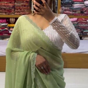 Ethereal Pale Olive Green Pure Chiffon Saree | Handcrafted Soft Drape with Blouse Piece