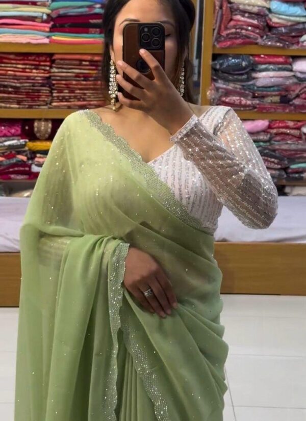 Ethereal Pale Olive Green Pure Chiffon Saree | Handcrafted Soft Drape with Blouse Piece