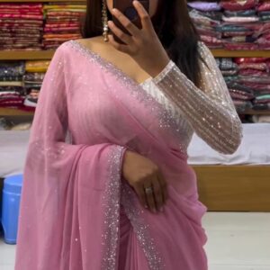 Blush Light Pink Handcrafted Chiffon Saree – Ultra-Soft Bridal & Celebration Wear (Free Size)