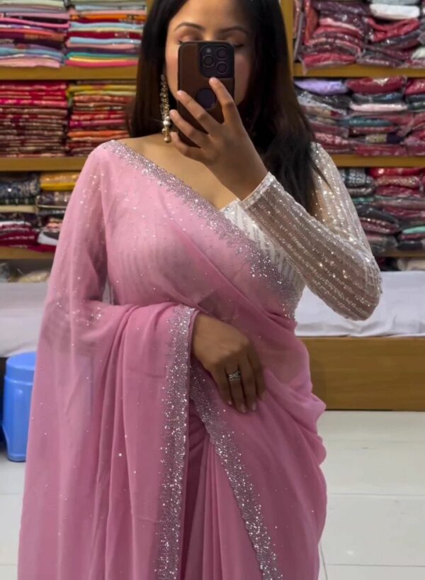 Blush Light Pink Handcrafted Chiffon Saree – Ultra-Soft Bridal & Celebration Wear (Free Size)
