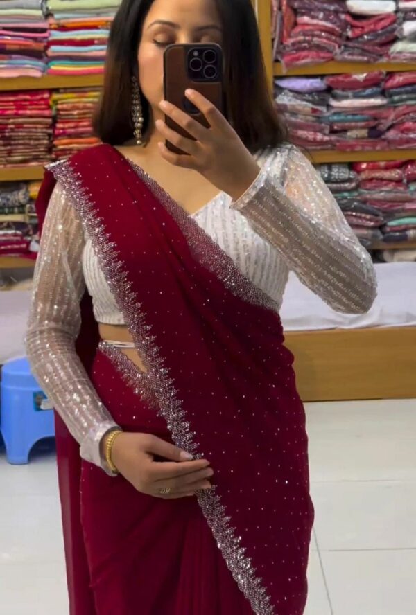 Regal Maroon Handcrafted Chiffon Saree – Ultra-Soft Bridal & Festive Wear (Free Size)