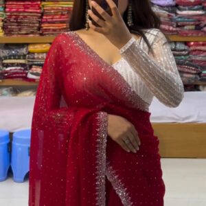 Radiant Red Handcrafted Chiffon Saree – Ultra-Soft Bridal & Partywear Elegance (Free Size)