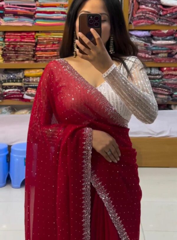 Radiant Red Handcrafted Chiffon Saree – Ultra-Soft Bridal & Partywear Elegance (Free Size)