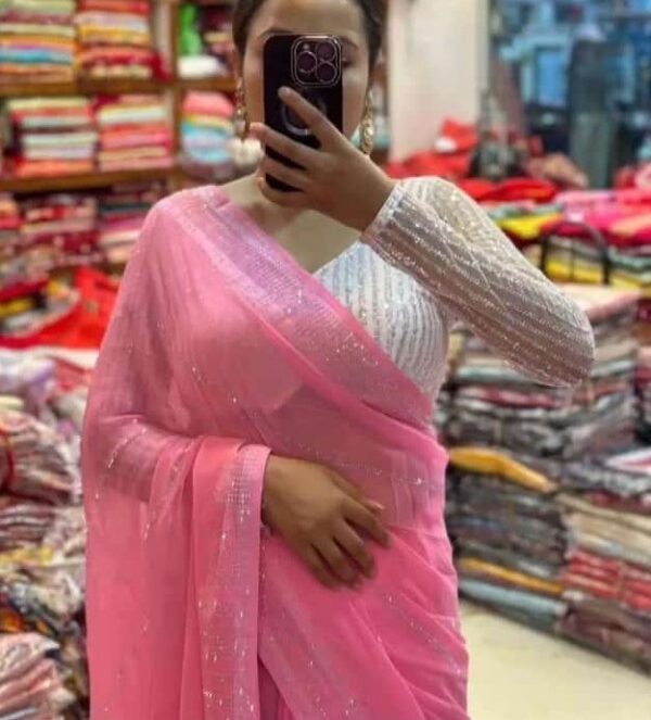 Elegant Handcrafted Pink Chiffon Saree – Ultra-Soft Bridal & Partywear Collection (Free Size)