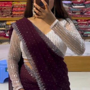 Luxury Wine Handcrafted Chiffon Saree – Super Soft Bridal & Partywear Ensemble (Free Size)